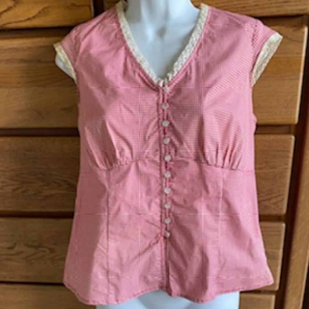 VINTAGE Shaver Lake COUNTRY Cowgirl RED WHITE CHECK Lace Edge FIGURE FLATTER * S
